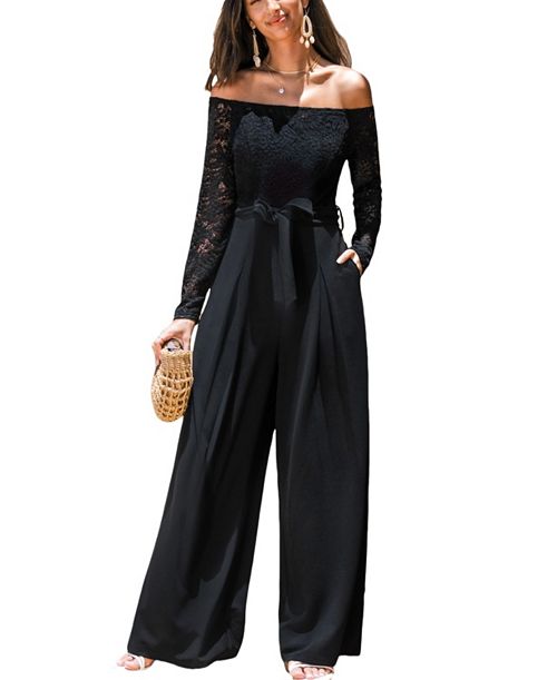 Cupshe Women's Elegant Lace Off-Shoulder Wide-Leg Jumpsuit Women's Fashion Shoes & Accessories