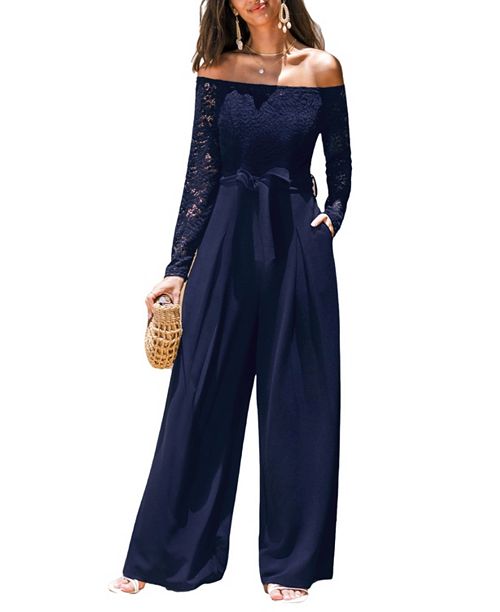 Cupshe Women's Elegant Lace Off-Shoulder Wide-Leg Jumpsuit Women's Fashion Shoes & Accessories