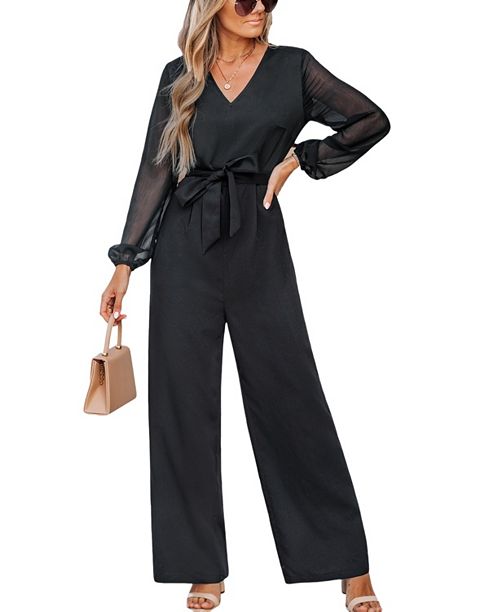 Cupshe Women's Elegant Sheer-Sleeve Belted Jumpsuit Women's Fashion Shoes & Accessories