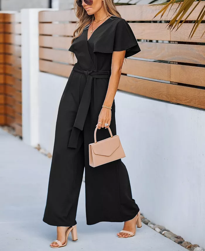 Cupshe Women's Flutter Sleeve V-Neck Tie-Waist Jumpsuit Created For Macy's Women's Fashion Shoes & Accessories