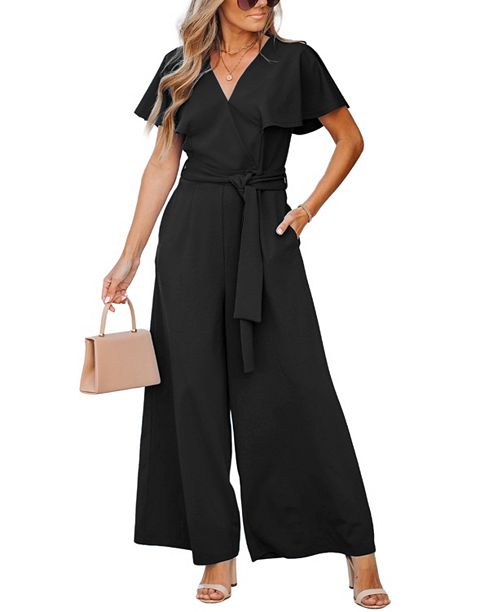 Cupshe Women's Flutter Sleeve V-Neck Tie-Waist Jumpsuit Created for Macy's Women's Fashion Shoes & Accessories