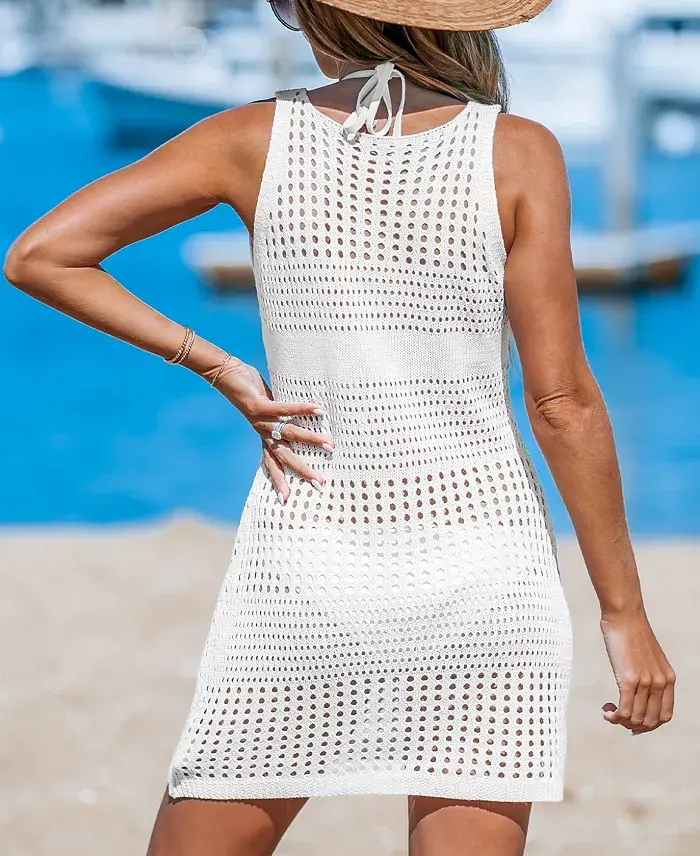 Cupshe Women's Knit Sleeveless Cutout Mini Cover-Up Beach Dress Women's Fashion Shoes & Accessories