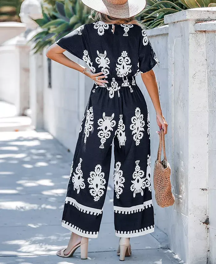 Cupshe Women's Navy Smocked Waist Wide Leg Jumpsuit Women's Fashion Shoes & Accessories