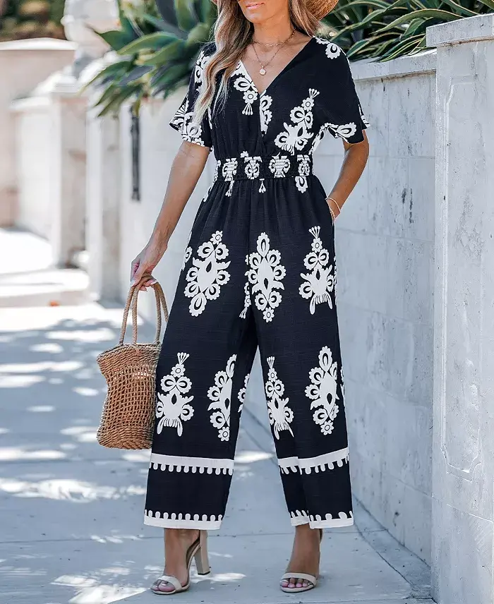 Cupshe Women's Navy Smocked Waist Wide Leg Jumpsuit Women's Fashion Shoes & Accessories