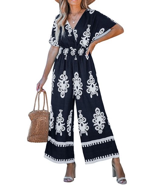 Cupshe Women's Navy Smocked Waist Wide Leg Jumpsuit Women's Fashion Shoes & Accessories