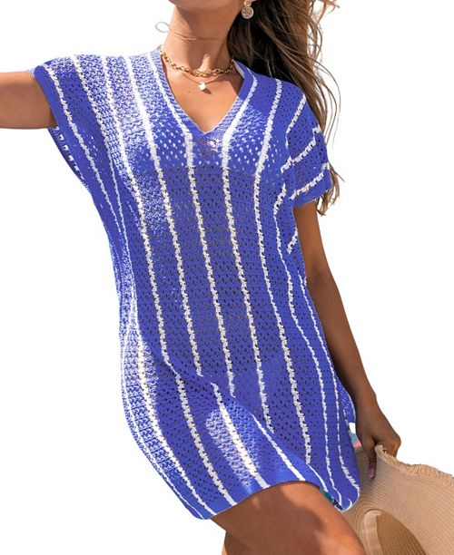 Cupshe Women's Ocean Wave Striped Knit Cover-Up Beach Dress Women's Fashion Shoes & Accessories