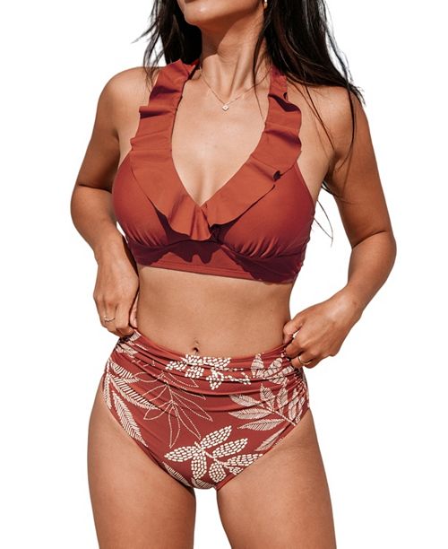 Cupshe Women's Ruffled Halter Bikini Top & Tropical Bottoms Set Women's Fashion Shoes & Accessories