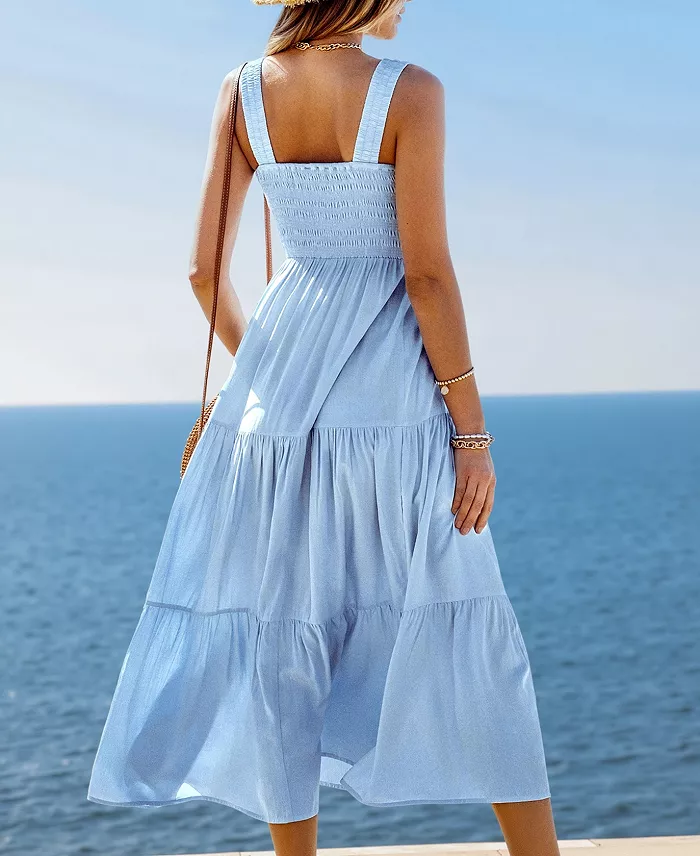 Cupshe Women's Skyline Serenity Smocked Maxi Beach Dress Women's Fashion Shoes & Accessories
