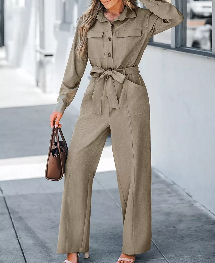 Cupshe Women's V Neck Button-Up Front Tie Waist Jumpsuit Created For Macy's Women's Fashion Shoes & Accessories