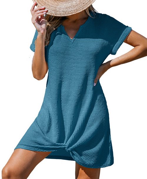 Cupshe Women's Waffle Knit Short Sleeve Hem Twist Mini Cover-Up Women's Fashion Shoes & Accessories