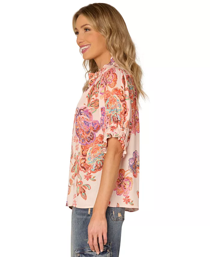 Democracy Petite Printed Elbow-Sleeve Blouse Women's Fashion Shoes & Accessories