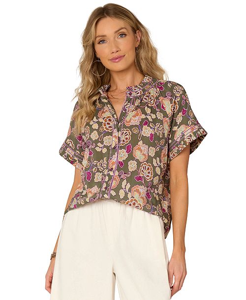 Democracy Petite Printed Pleated Blouse Women's Fashion Shoes & Accessories