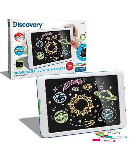 Discovery Kids Inspire your young artist with the Discovery Kids Neon Glow Drawing Easel This glow-in-the-dark device will wow kids with its LED lights colorful gel glow markers and dazzling light-up modes Discovery Neon Glow Dr