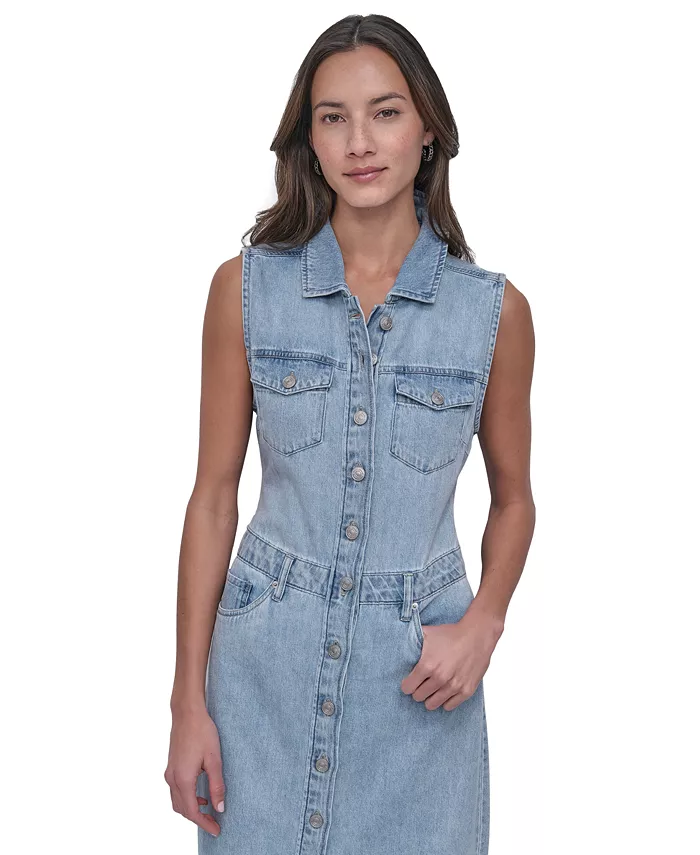 DKNY Jeans Women's Button-Front Sleeveless Midi Denim Dress Women's Fashion Shoes & Accessories