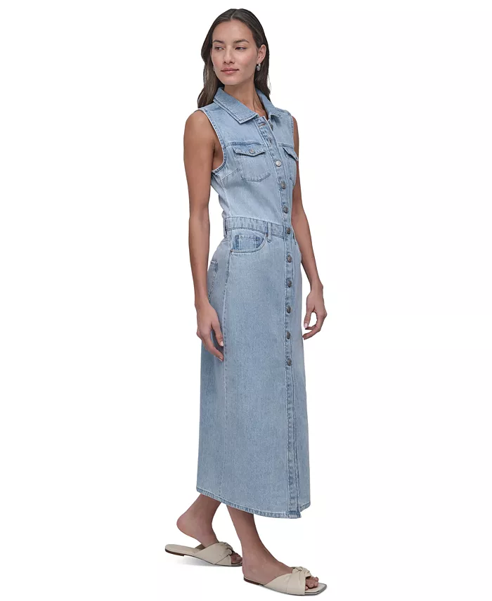 DKNY Jeans Women's Button-Front Sleeveless Midi Denim Dress Women's Fashion Shoes & Accessories