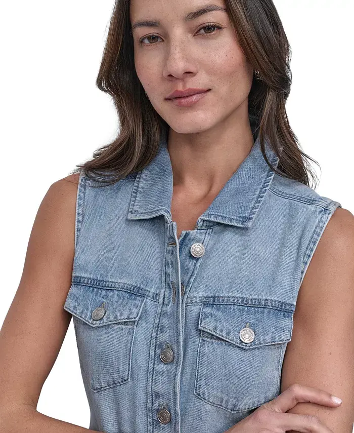 DKNY Jeans Women's Button-Front Sleeveless Midi Denim Dress Women's Fashion Shoes & Accessories