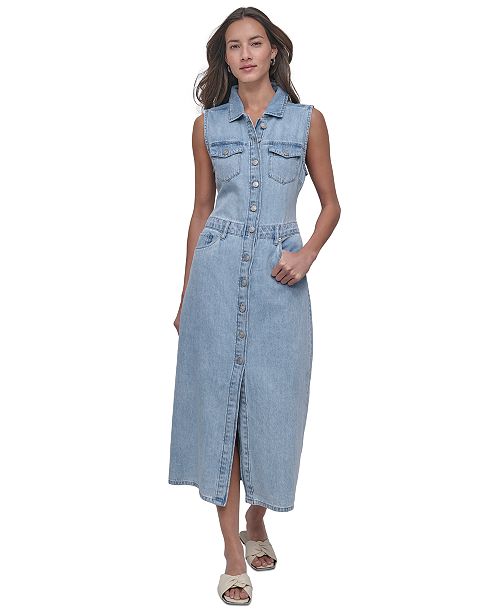 DKNY Jeans Women's Button-Front Sleeveless Midi Denim Dress Women's Fashion Shoes & Accessories