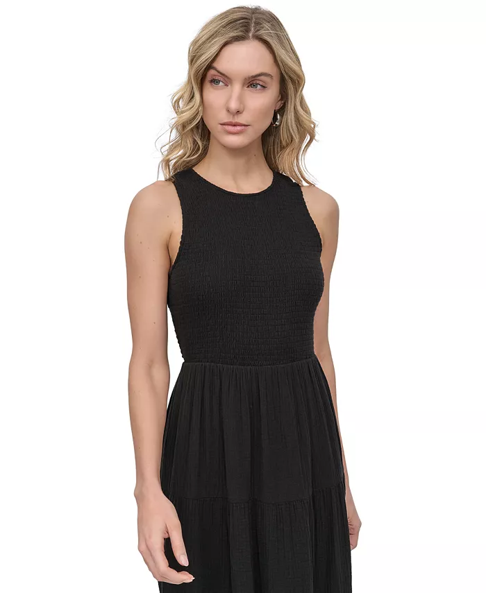 DKNY Jeans Women's Cotton Gauze Smocked-Bodice Maxi Dress Women's Fashion Shoes & Accessories