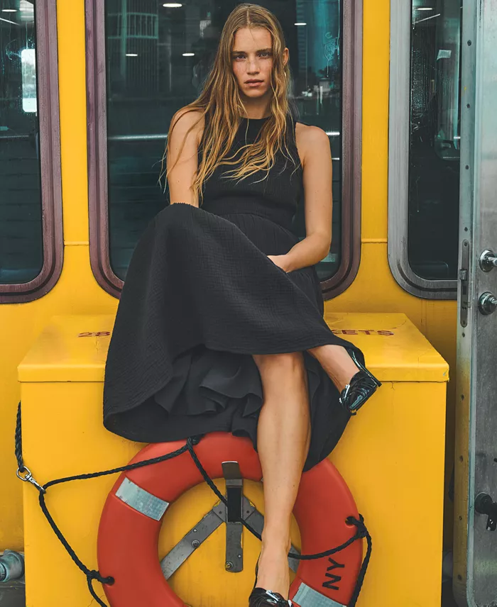 DKNY Jeans Women's Cotton Gauze Smocked-Bodice Maxi Dress Women's Fashion Shoes & Accessories