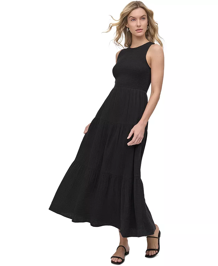 DKNY Jeans Women's Cotton Gauze Smocked-Bodice Maxi Dress Women's Fashion Shoes & Accessories