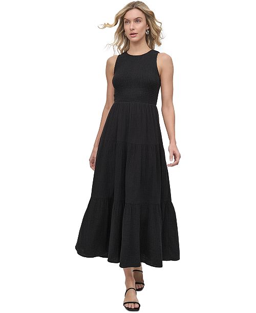 DKNY Jeans Women's Cotton Gauze Smocked-Bodice Maxi Dress Women's Fashion Shoes & Accessories