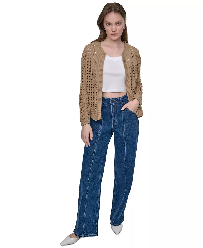 DKNY Jeans Women's Open-Stitch Drop-Shoulder Cardigan Sweater Women's Fashion Shoes & Accessories