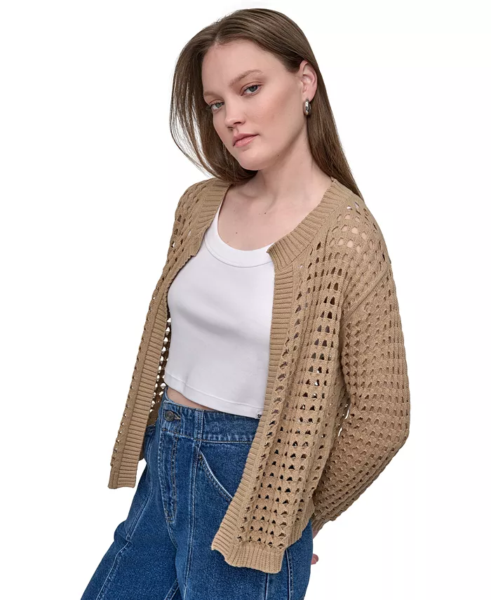 DKNY Jeans Women's Open-Stitch Drop-Shoulder Cardigan Sweater Women's Fashion Shoes & Accessories