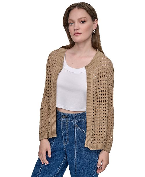 DKNY Jeans Women's Open-Stitch Drop-Shoulder Cardigan Sweater Women's Fashion Shoes & Accessories