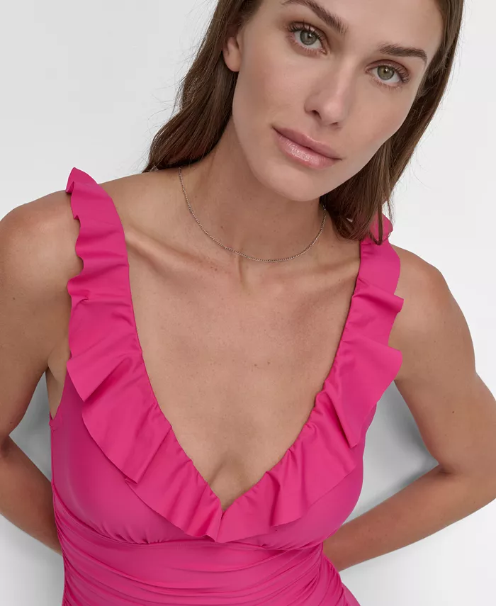 DKNY Ruffle Plunge Underwire Tummy Control One-Piece Swimsuit Created For Macy's Women's Fashion Shoes & Accessories