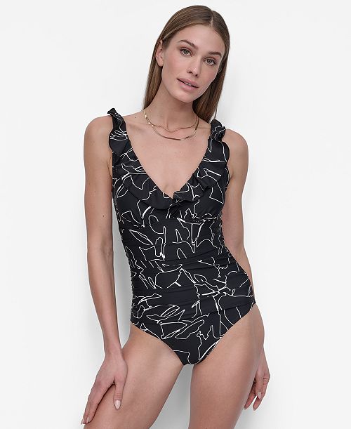 DKNY Ruffle Plunge Underwire Tummy Control One-Piece Swimsuit Created for Macy's Women's Fashion Shoes & Accessories