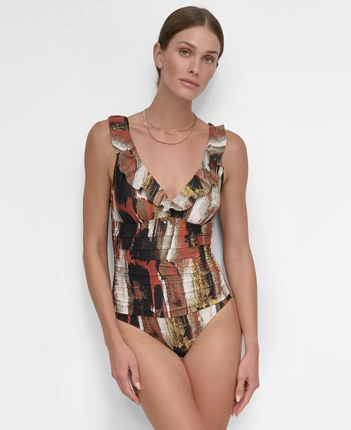 DKNY Ruffle Plunge Underwire Tummy Control One-Piece Swimsuit Created For Macy's Women's Fashion Shoes & Accessories