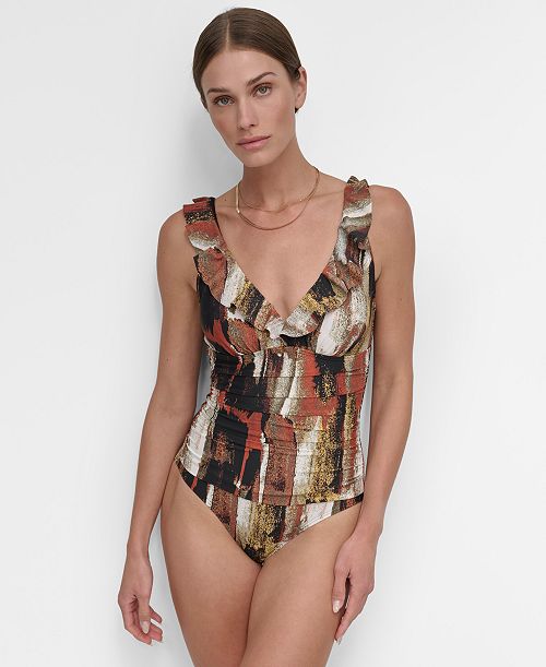 DKNY Ruffle Plunge Underwire Tummy Control One-Piece Swimsuit Created For Macy's Women's Fashion Shoes & Accessories