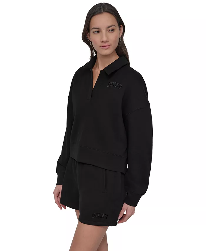 DKNY Sport Varsity Embroidered Logo Johnny Collar Top Women's Fashion Shoes & Accessories