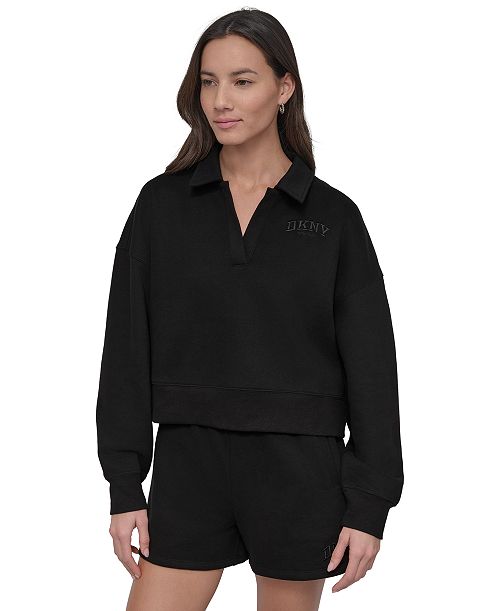 DKNY Sport Varsity Embroidered Logo Johnny Collar Top Women's Fashion Shoes & Accessories