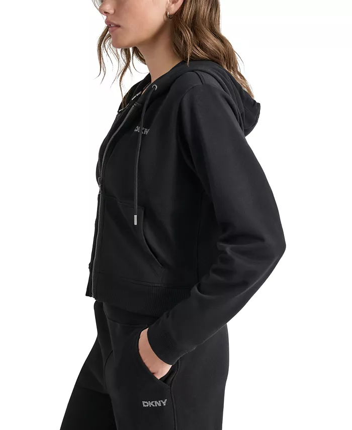 DKNY Sport Women's Cotton-Blend Stud-Logo Full Zip Hoodie Women's Fashion Shoes & Accessories