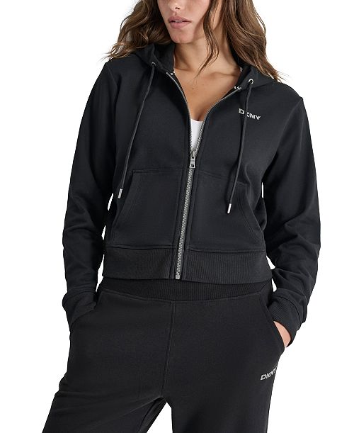 DKNY Sport Women's Cotton-Blend Stud-Logo Full Zip Hoodie Women's Fashion Shoes & Accessories