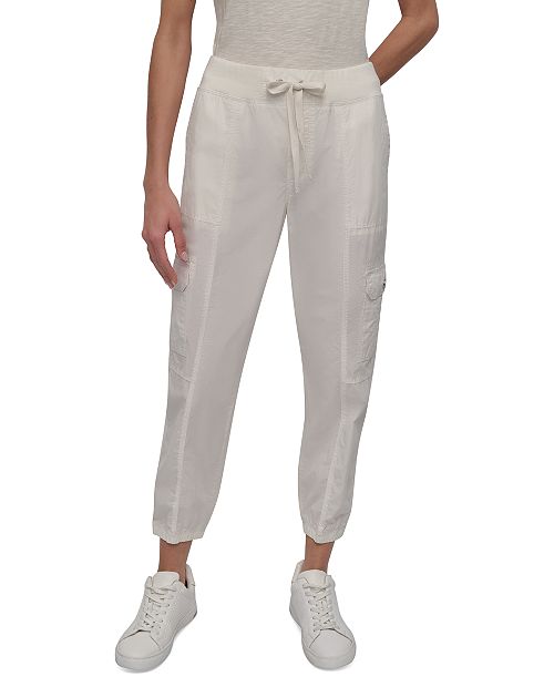 DKNY Sport Women's Cotton Ribbed-Waist Jogger Cargo Pants Women's Fashion Shoes & Accessories