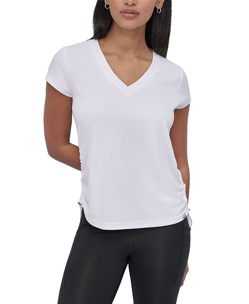 DKNY Sport Women's Crewneck Short-Sleeve Side-Ruched Top Women's Fashion Shoes & Accessories