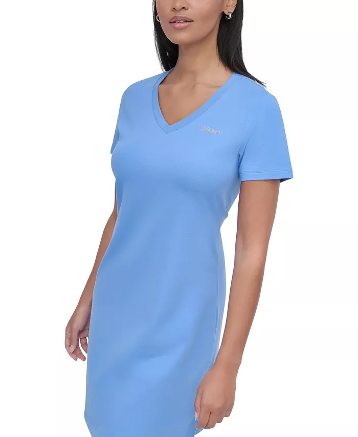 DKNY Sport Women's Studded-Logo V-Neck T-Shirt Dress Women's Fashion Shoes & Accessories