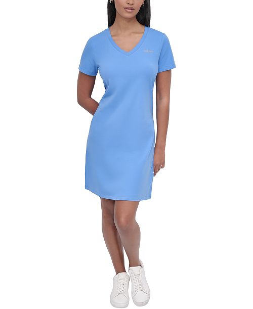 DKNY Sport Women's Studded-Logo V-Neck T-Shirt Dress Women's Fashion Shoes & Accessories