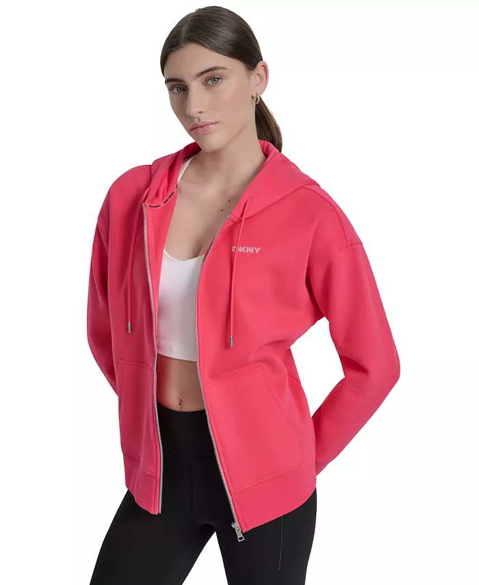DKNY Sport Women's Studded Mini-Logo Full-Zip Hoodie Women's Fashion Shoes & Accessories