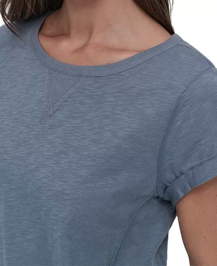 DKNY Sport Women's V-Inset Roll-Sleeve T-Shirt Women's Fashion Shoes & Accessories