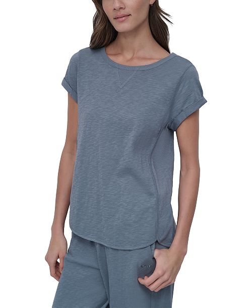 DKNY Sport Women's V-Inset Roll-Sleeve T-Shirt Women's Fashion Shoes & Accessories