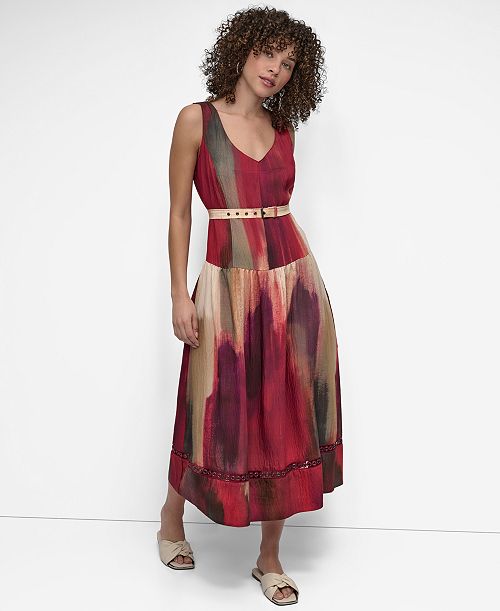 DKNY Women's Abstract-Print Midi Dress Women's Fashion Shoes & Accessories