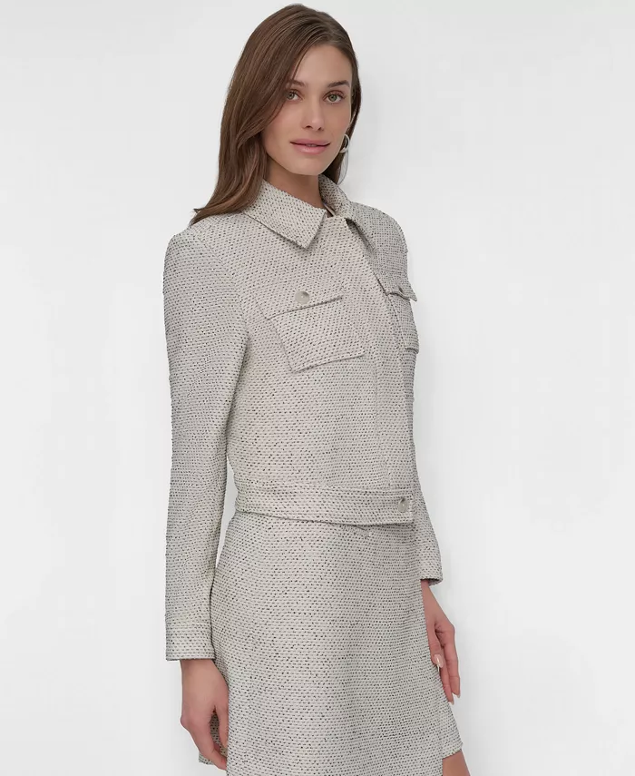 DKNY Women's Button-Front Long-Sleeve Crop Jacket Women's Fashion Shoes & Accessories