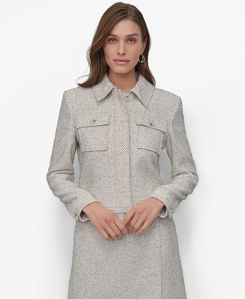 DKNY Women's Button-Front Long-Sleeve Crop Jacket Women's Fashion Shoes & Accessories
