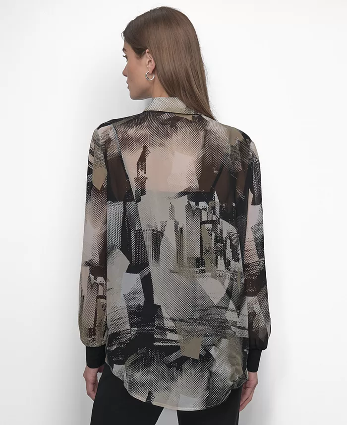 DKNY Women's Button-Front Printed Chiffon Blouse Women's Fashion Shoes & Accessories