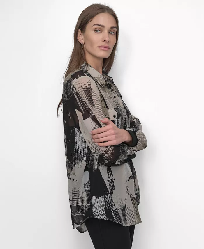 DKNY Women's Button-Front Printed Chiffon Blouse Women's Fashion Shoes & Accessories