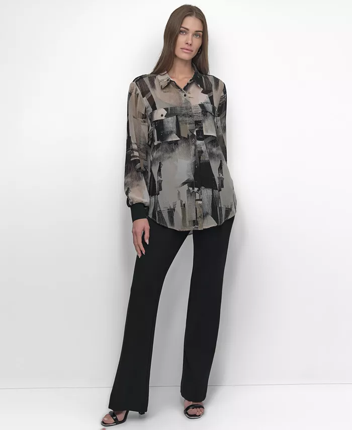 DKNY Women's Button-Front Printed Chiffon Blouse Women's Fashion Shoes & Accessories