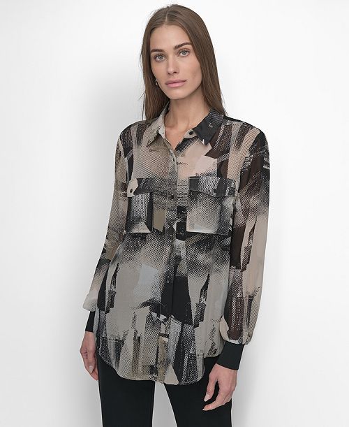 DKNY Women's Button-Front Printed Chiffon Blouse Women's Fashion Shoes & Accessories